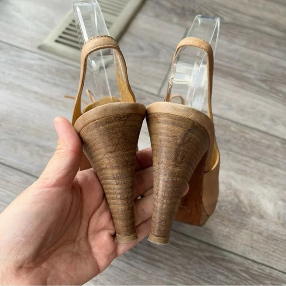 J Crew Peep Toe Lace Up  Tan Leather Slingback Wooden Heel Pumps - Picture 6 of 13